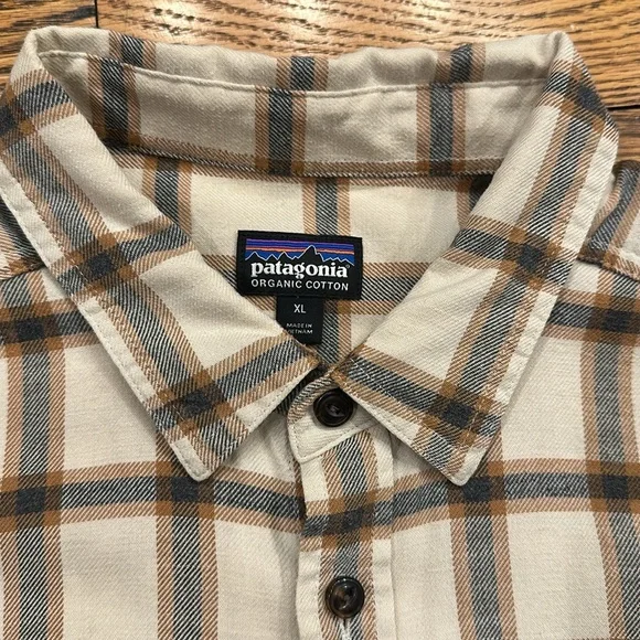 PATAGONIA Cream & Brown Casual Button Down Organic Cotton  Flannel Shirt Size Xl - Picture 2 of 7